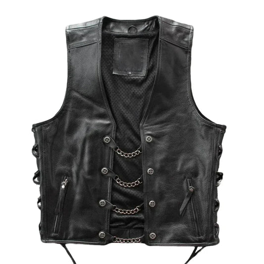 Black leather vest with buttons on a black background