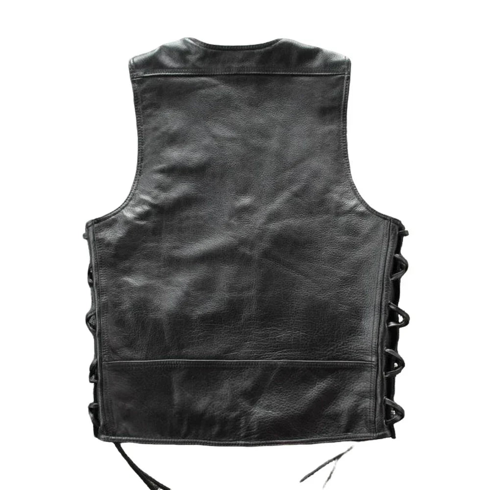 Black leather vest with lace-up front on a white background