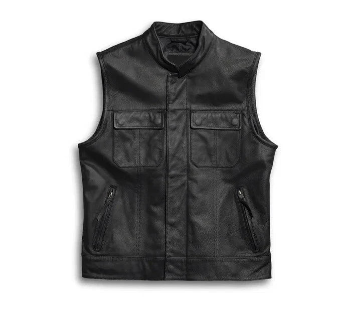 Black leather vest with multiple pockets on a white background