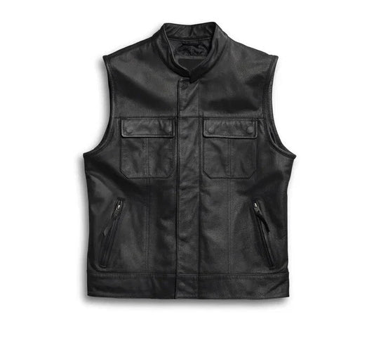 Black leather vest with multiple pockets on a white background