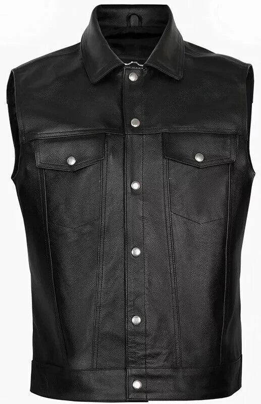Black leather vest with silver buttons on a white background