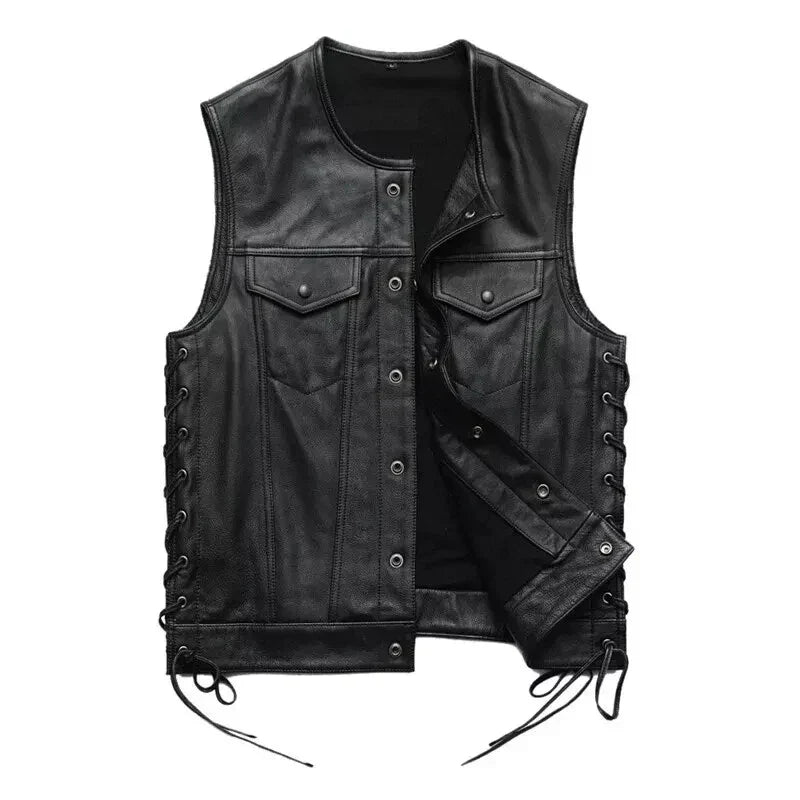 Black leather vest with lace-up front on a white background
