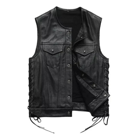 Black leather vest with lace-up front on a white background