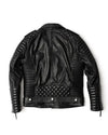 Black leather jacket with quilted design on a white background