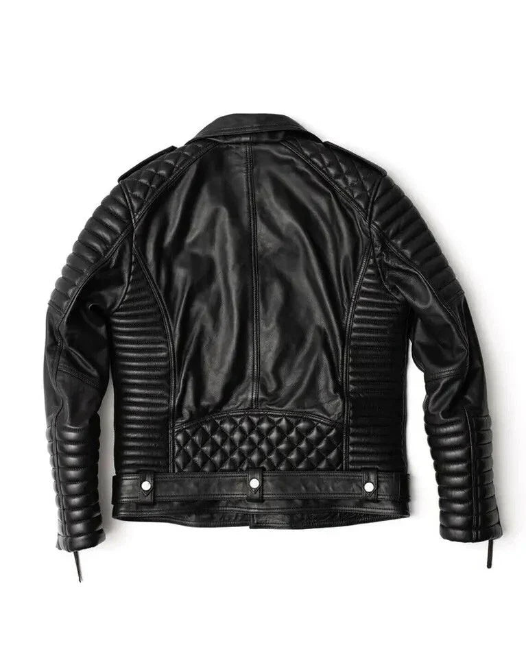 Black leather jacket with quilted design on a white background