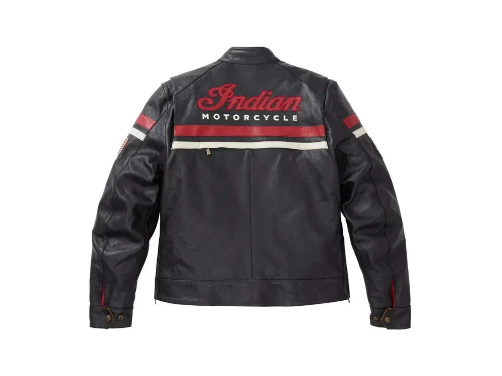 Black motorcycle jacket with 'Indian Motorcycle' branding on a white background