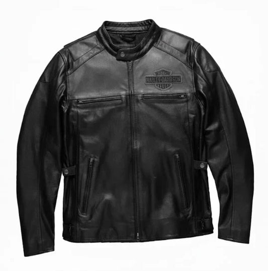 Black leather jacket on a white background
