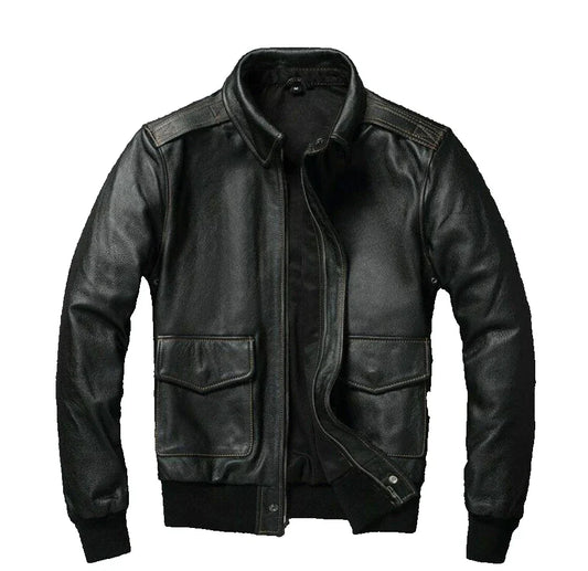 Black leather jacket on a plain background