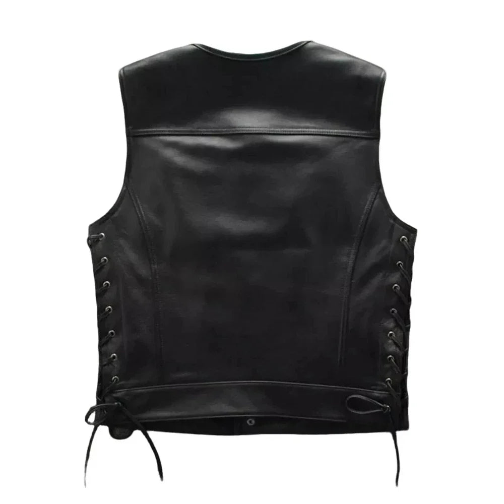 Black leather vest with lace-up front on a white background
