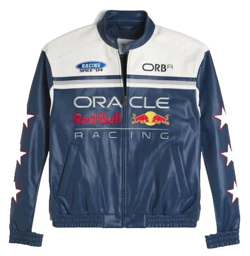 Blue and white jacket with Oracle Red Bull Racing branding on a white background