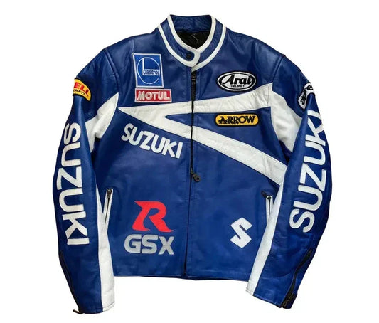 Blue and white motorcycle jacket with various brand logos on a white background