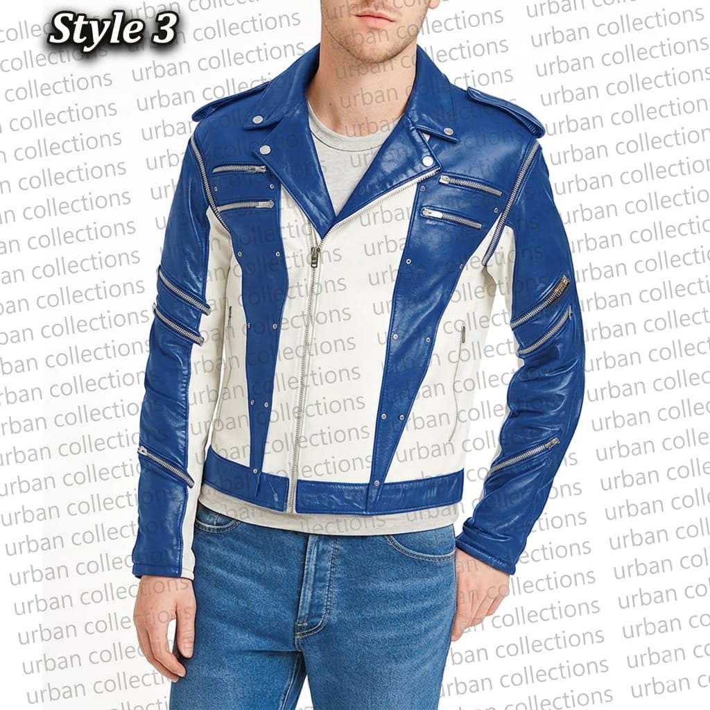 Blue leather jacket with white accents on a brand name background