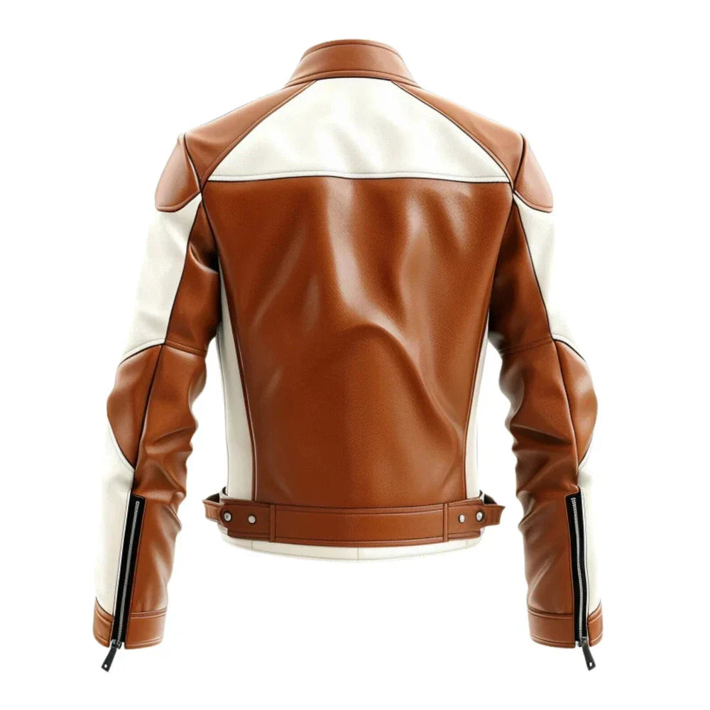 Brown and white leather jacket on a white background