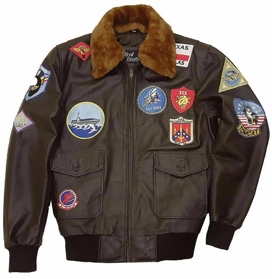 Brown jacket with patches on a plain background