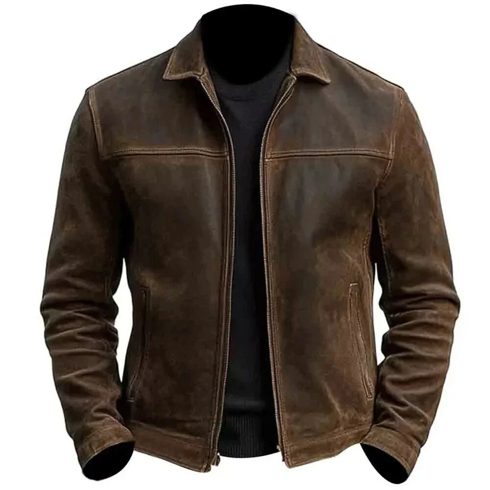 Brown leather jacket on a white background