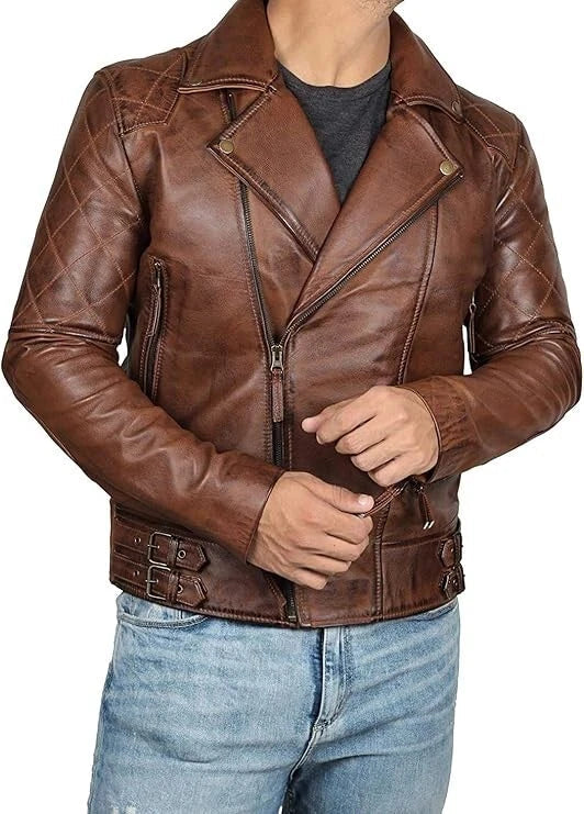 Brown leather jacket worn by a person on a white background
