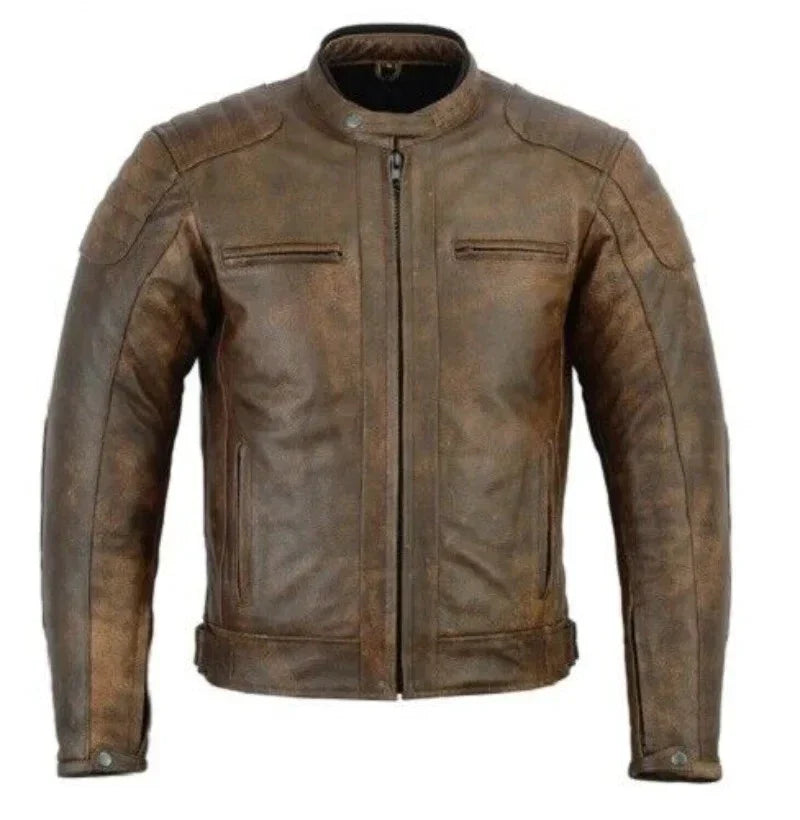 Brown leather jacket on a plain background