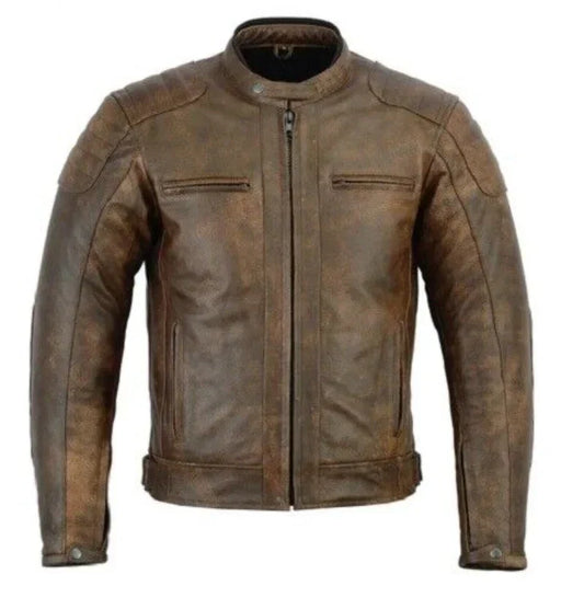 Brown leather jacket on a plain background