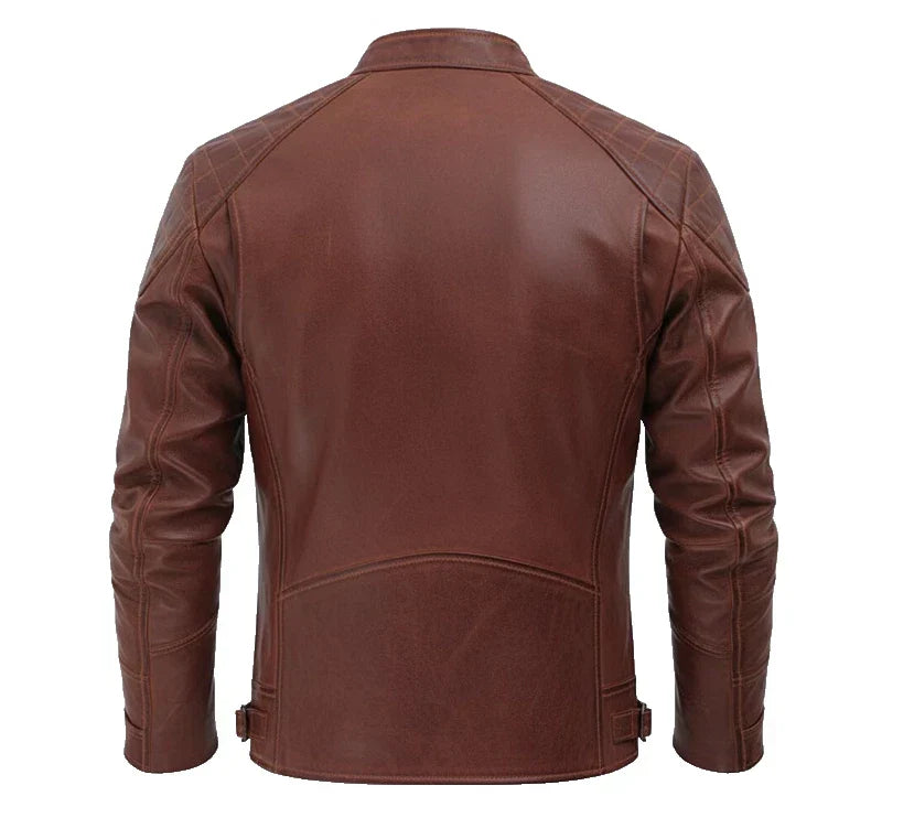 Brown leather jacket shown from the back on a white background