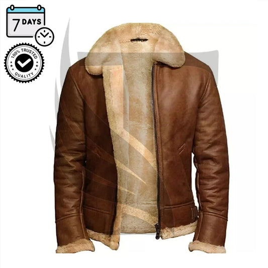 Brown leather jacket with beige fur lining on a white background