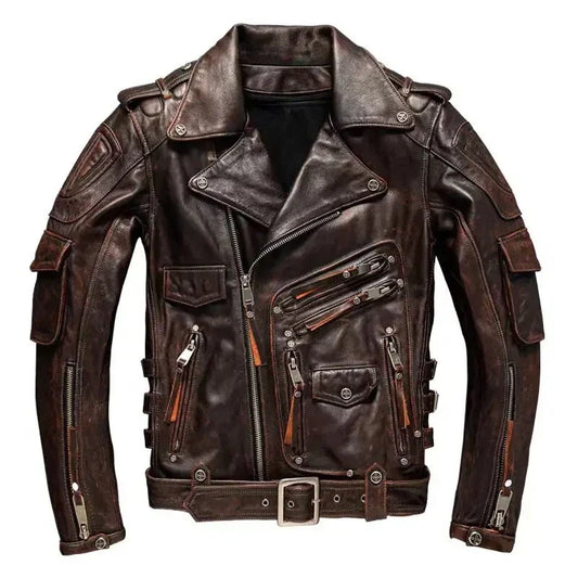 Brown leather jacket with multiple zippers on a white background