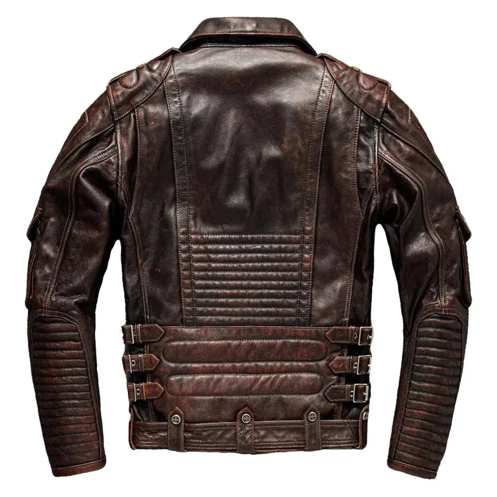Brown leather jacket with visible stitching and buttons on a white background