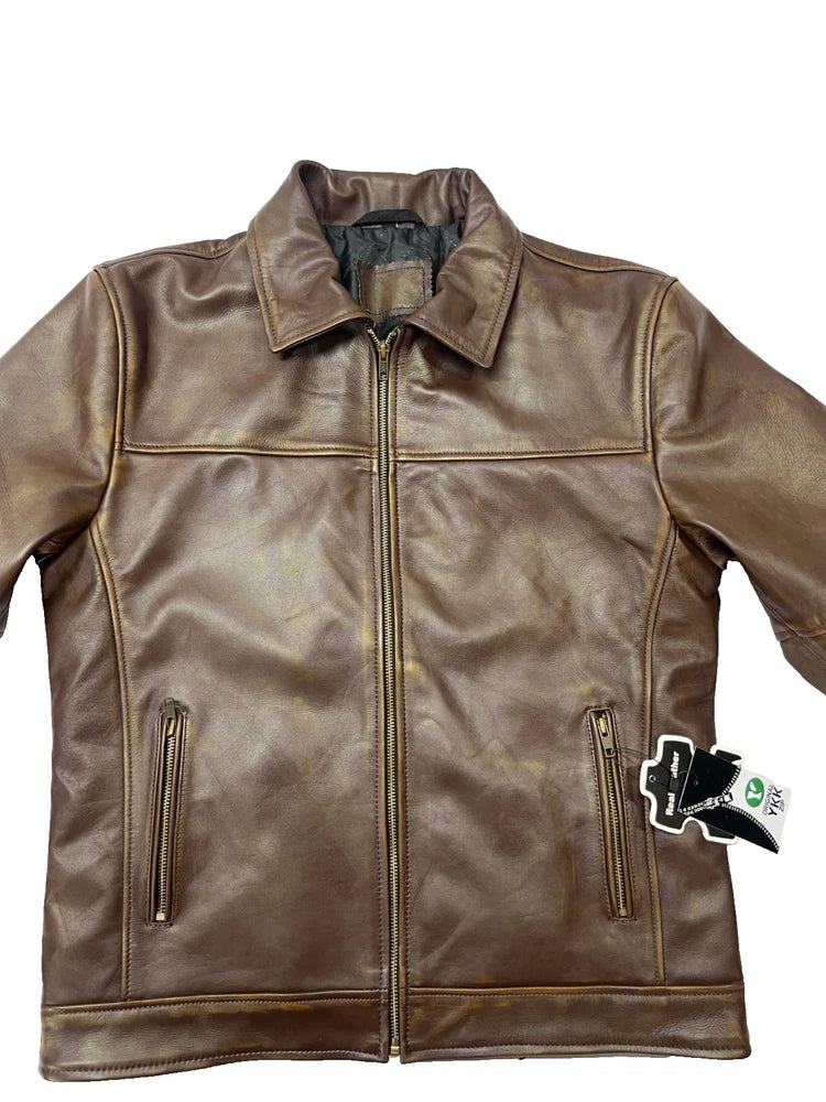 Brown leather jacket with zippers on a white background