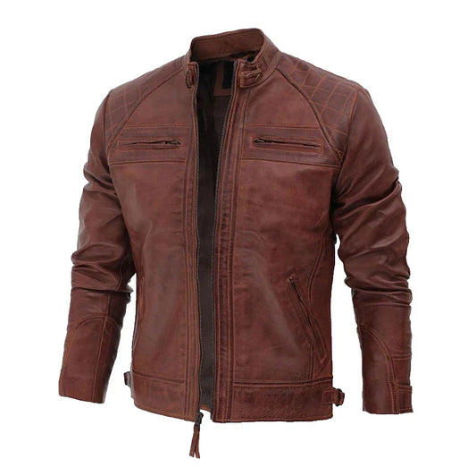 Brown leather jacket on a white background