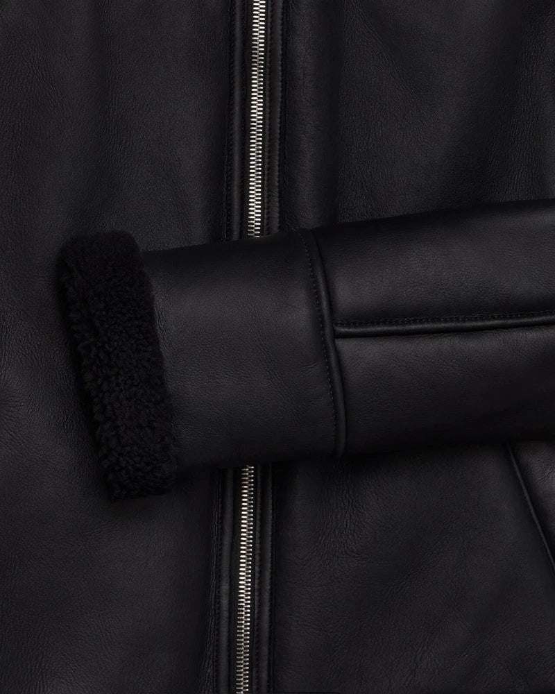 Close-up of a black leather jacket with a zipper