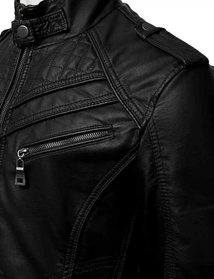 Close-up of a black leather jacket with zippers on a white background