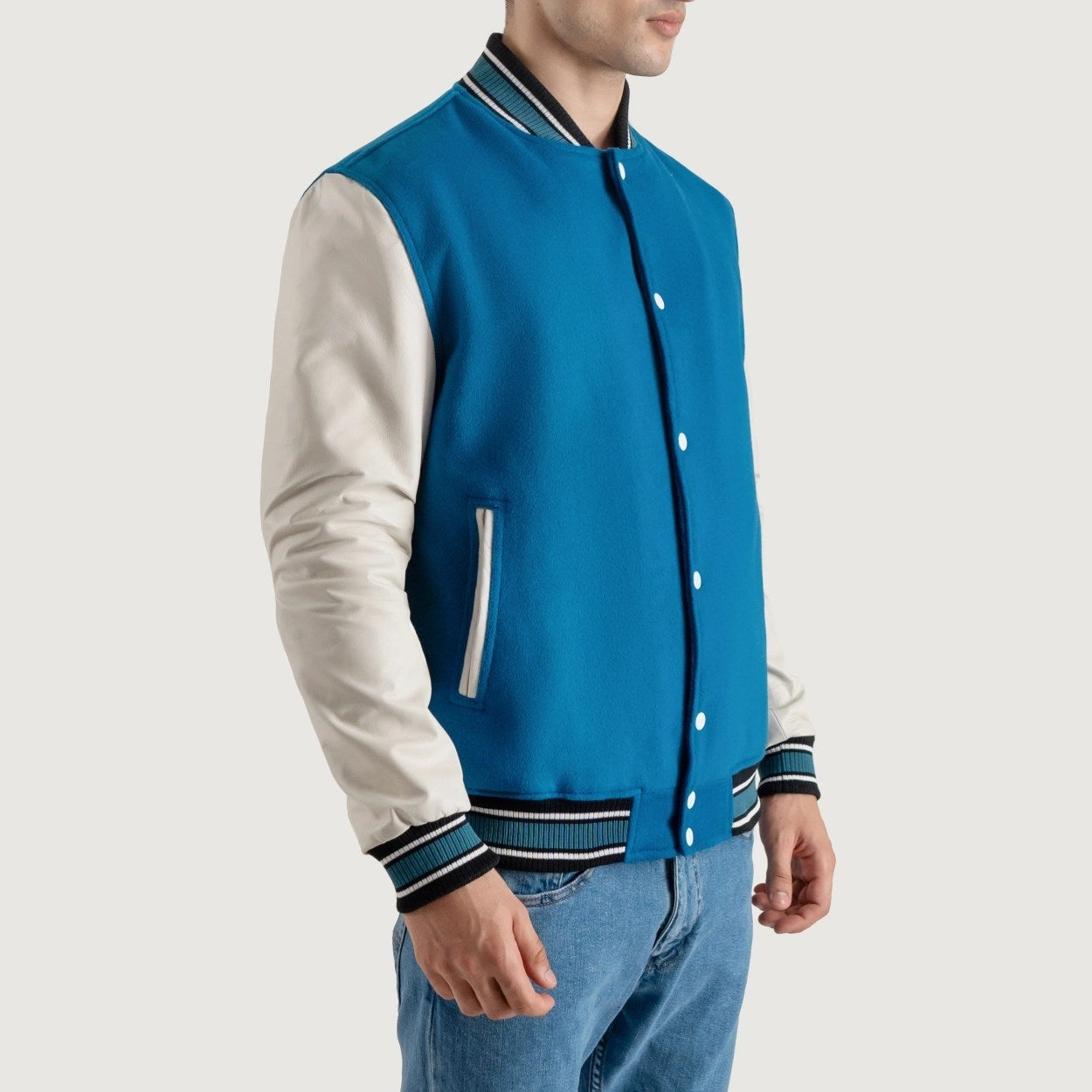 Deep Mid Sky Blue and White Varsity Letterman Jacket - Recreated Inspired Edition