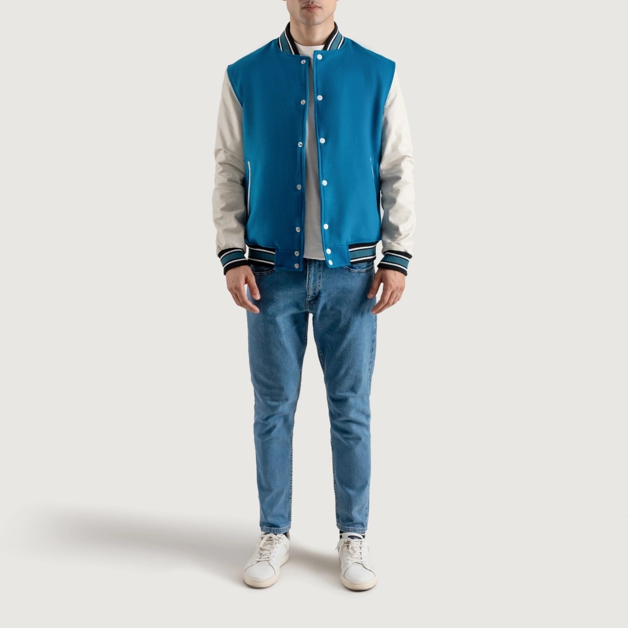 Deep Mid Sky Blue and White Varsity Letterman Jacket - Recreated Inspired Edition