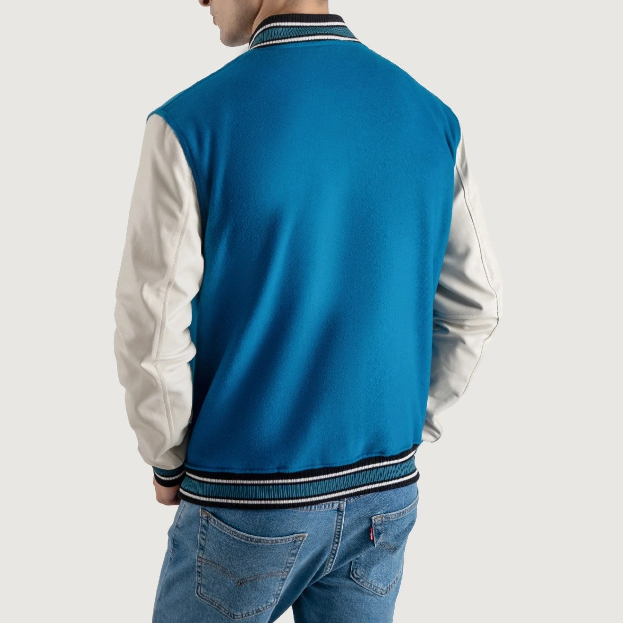 Deep Mid Sky Blue and White Varsity Letterman Jacket - Recreated Inspired Edition