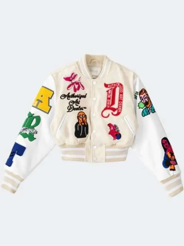 First Row Art Dealer Graphic Cream Cropped Varsity Jacket - Recreated Inspired Edition