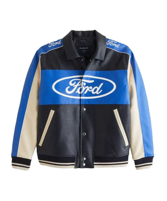 Ford branded jacket with blue, black, and beige color scheme on a white background
