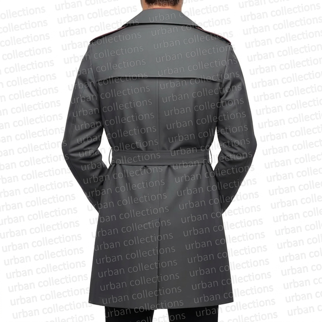 Gray trench coat on a white background with 'urban collections' branding.