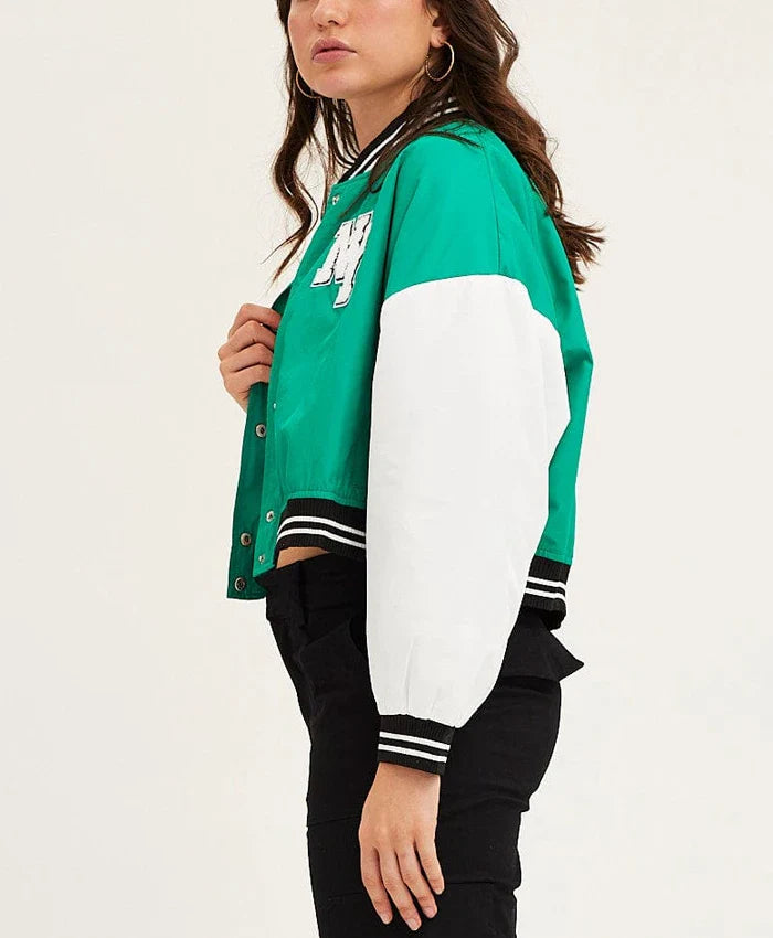 Carol Green Cropped Varsity Bomber Jacket