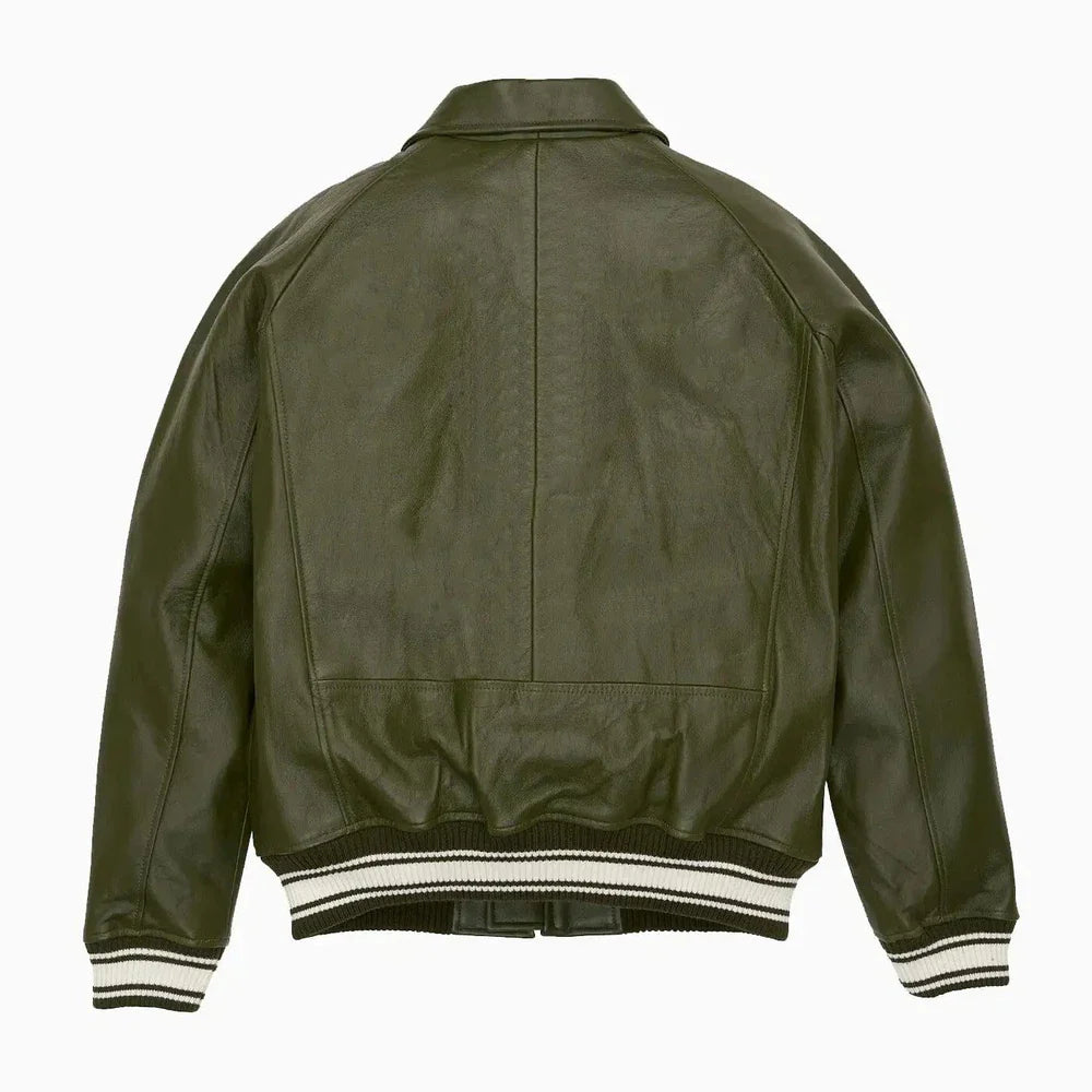 Green leather jacket on a white background