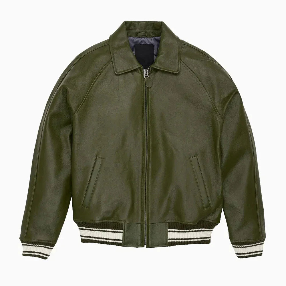 Green leather jacket with white trim on a white background