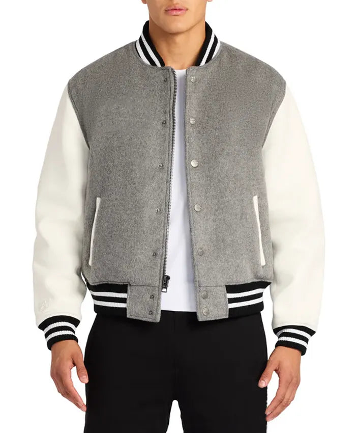 Grey Letterman Varsity Jacket - Recreated Inspired Edition With White Sleeves
