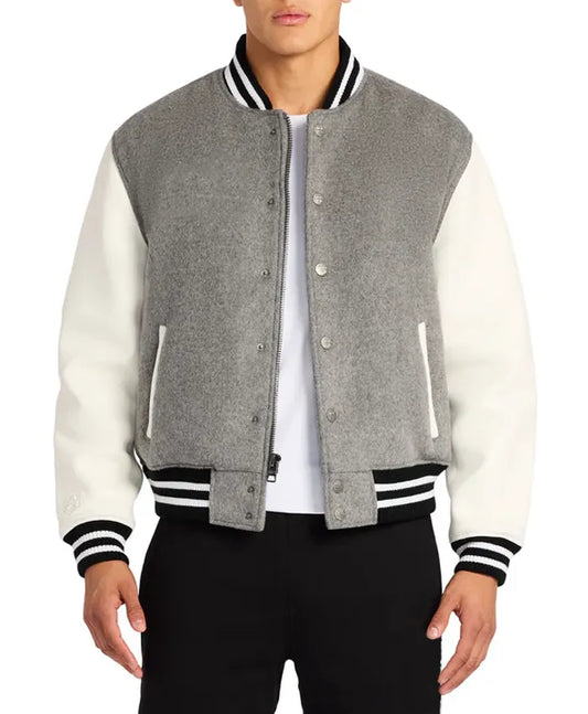 Grey Letterman Varsity Jacket - Recreated Inspired Edition With White Sleeves