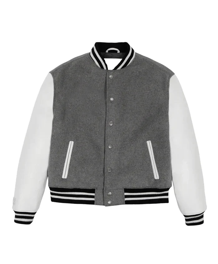 Grey Letterman Varsity Jacket - Recreated Inspired Edition With White Sleeves