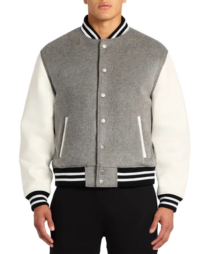 Grey Letterman Varsity Jacket - Recreated Inspired Edition With White Sleeves