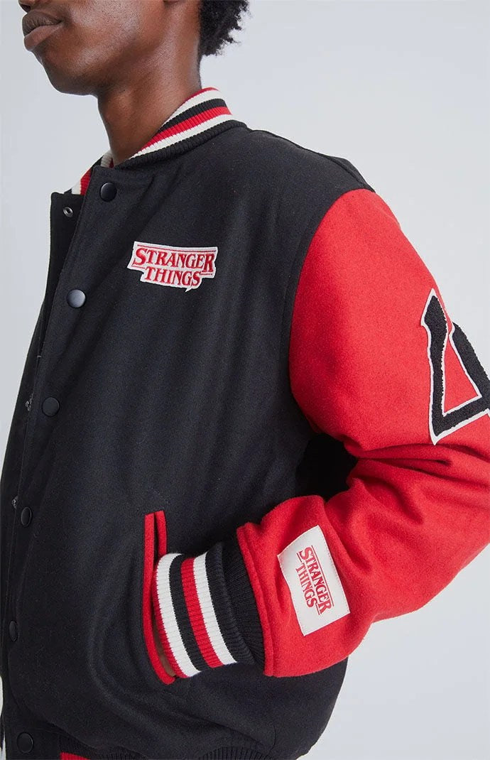 Stranger Things Hawkins Black &amp; Red Letterman Varsity Jacket - Recreated Inspired Edition