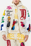 First Row Art Dealer Graphic Cream Cropped Varsity Jacket - Recreated Inspired Edition