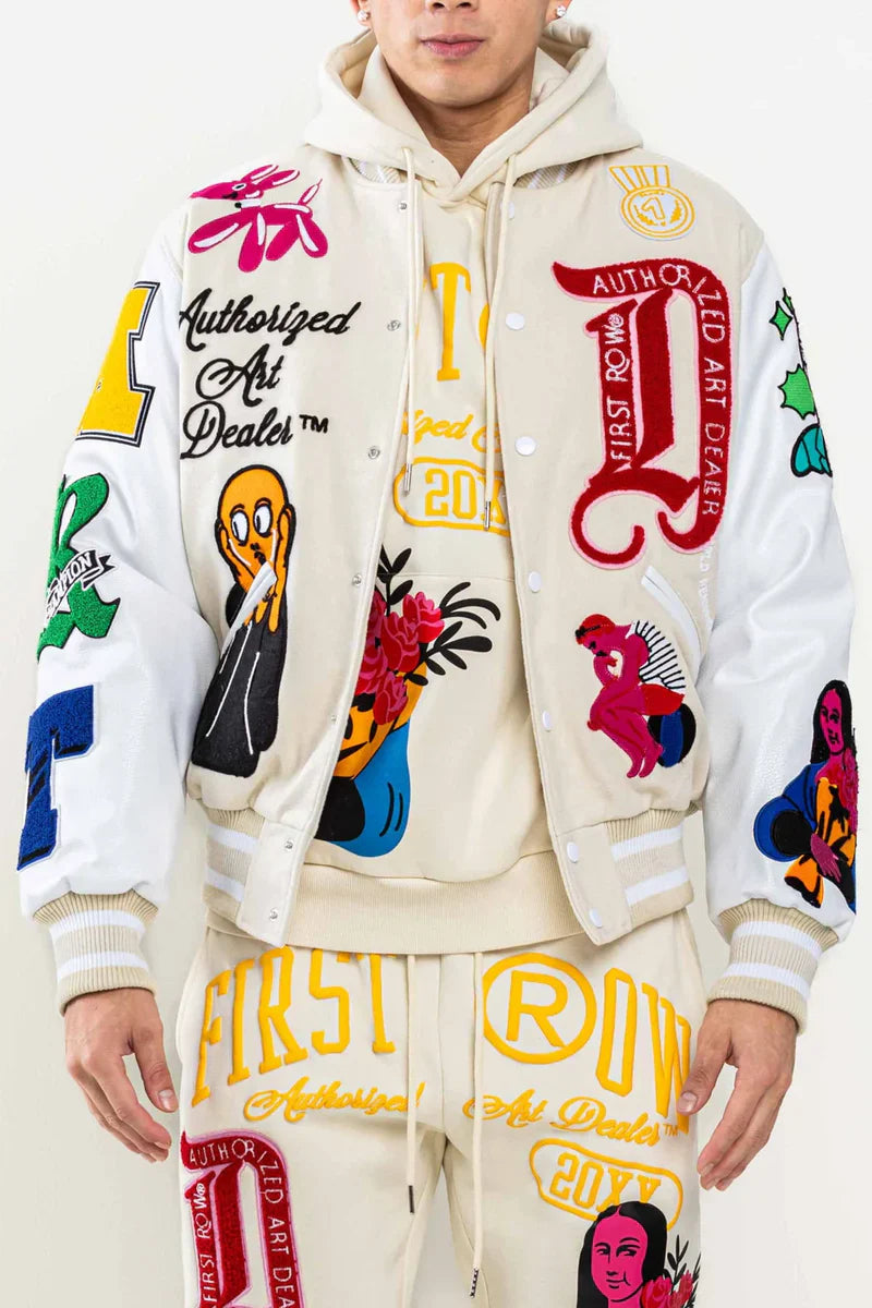 First Row Art Dealer Graphic Cream Cropped Varsity Jacket - Recreated Inspired Edition