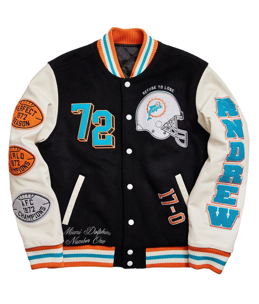 Miami Dolphins Letterman Wool & Leather Varsity Jacket - Recreated Inspired Edition Black & White