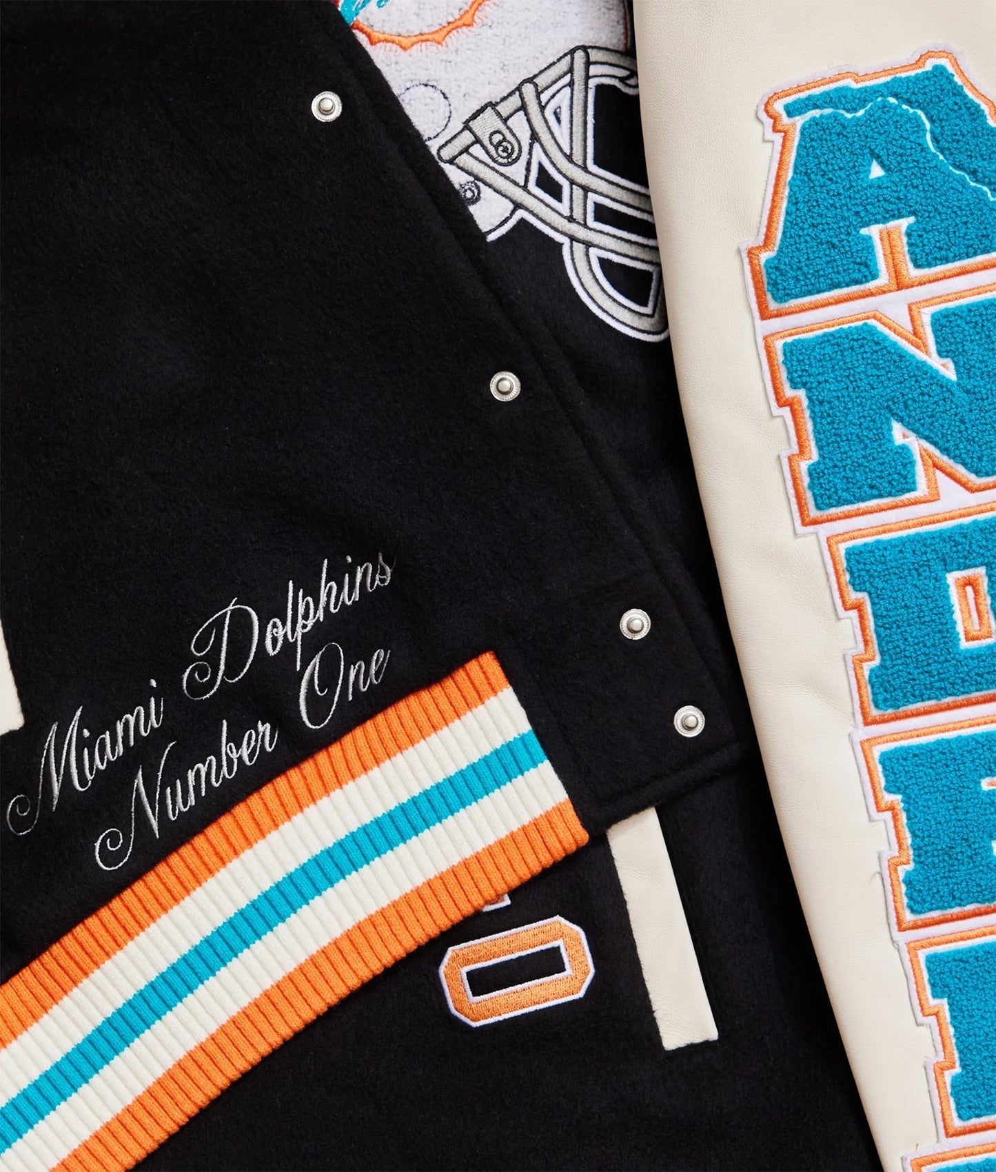 Miami Dolphins Letterman Wool & Leather Varsity Jacket - Recreated Inspired Edition Black & White