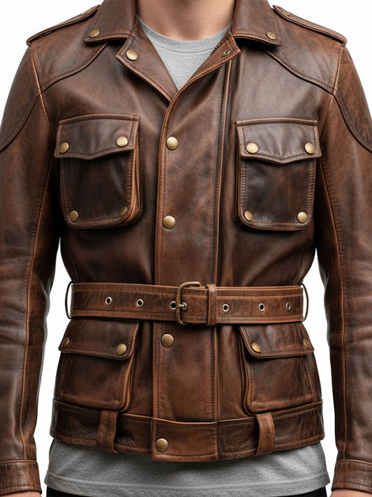 Men Military Style Vintage Leather Jacket