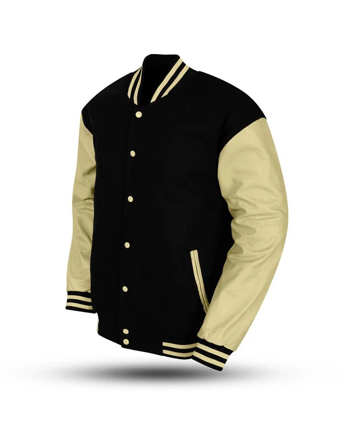 Mens Black Wool OFF-White Varsity Jacket - Recreated Inspired Edition